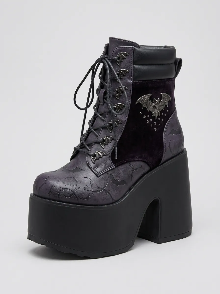 Nightfall Bat Studded Embossed Profile Women's Gothic Platform Boots