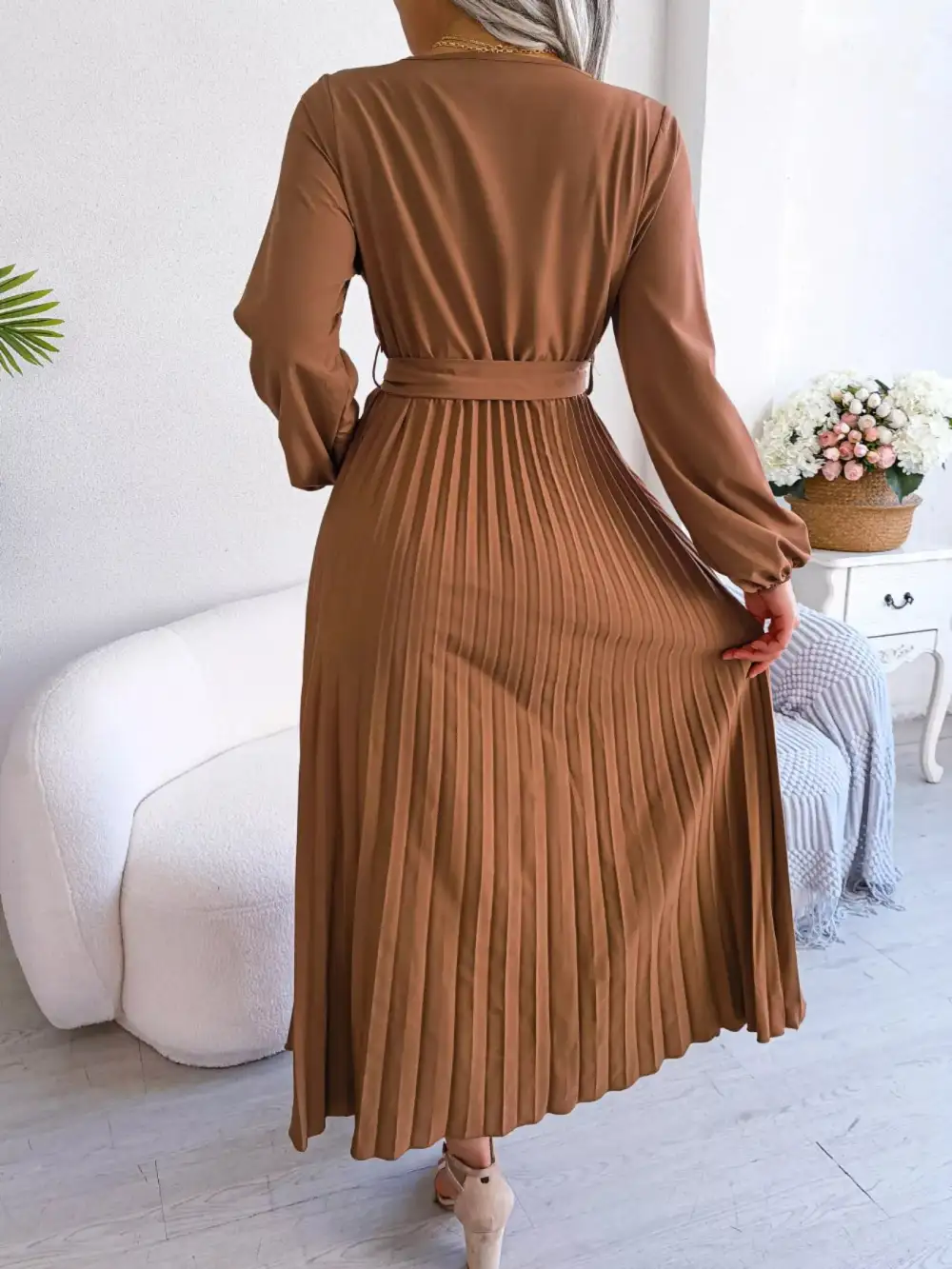 Pleated Long Sleeve Dress Casual