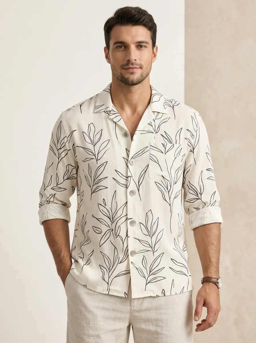 Men's Casual Botanical Printed Linen Blend Shirt