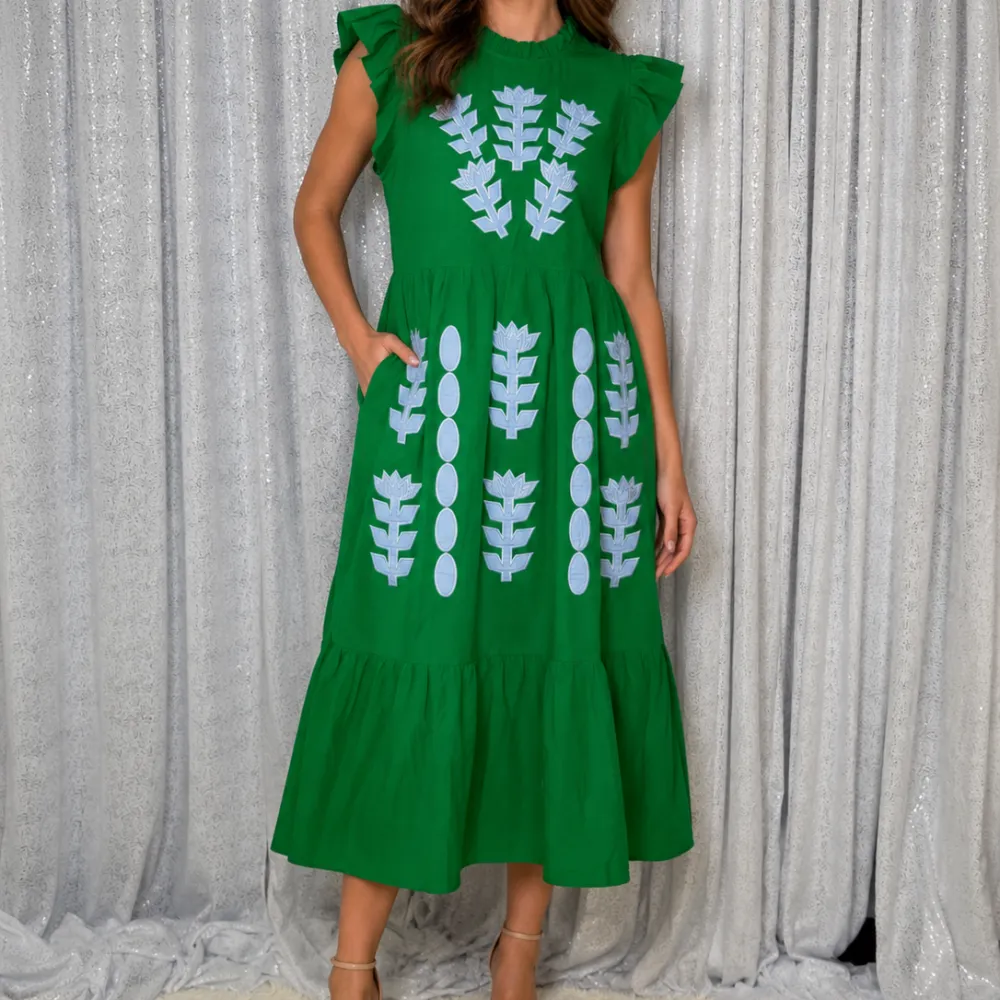 Modern Floral Embroidered Tiered Ruffle Detail Dress