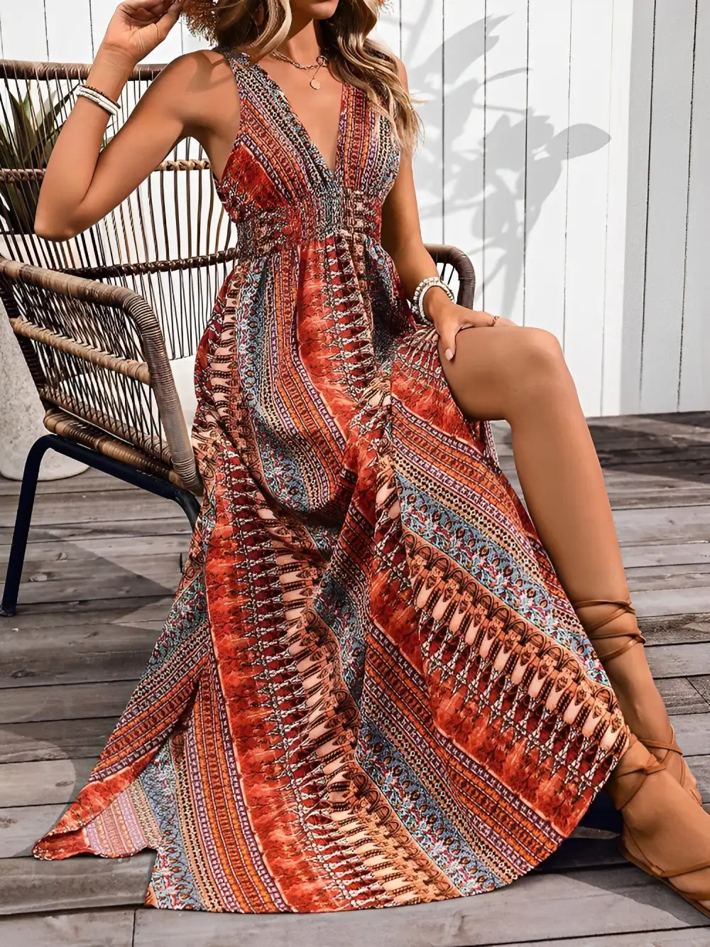 Boho Deep V-Neck Sleeveless Slit Maxi Resort Dress