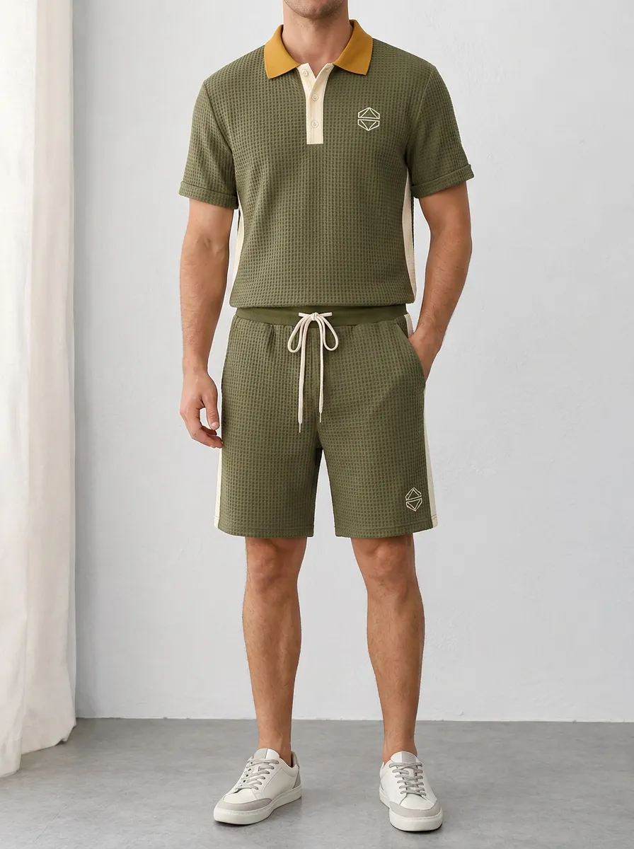 Men's Casual Waffle Knit Geometric Logo Printed Polo Shirt