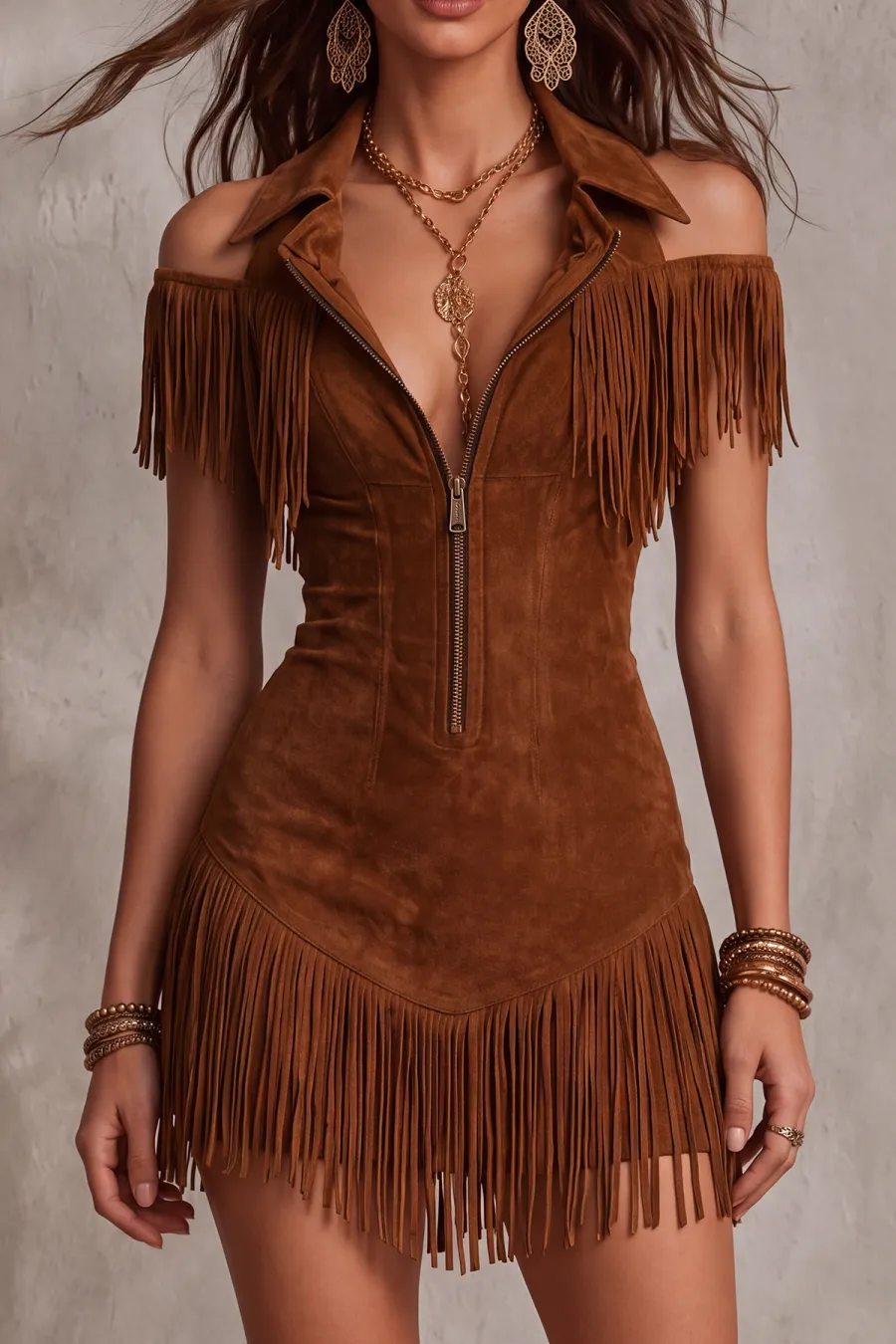Cold Shoulder Fringe Mini Dress