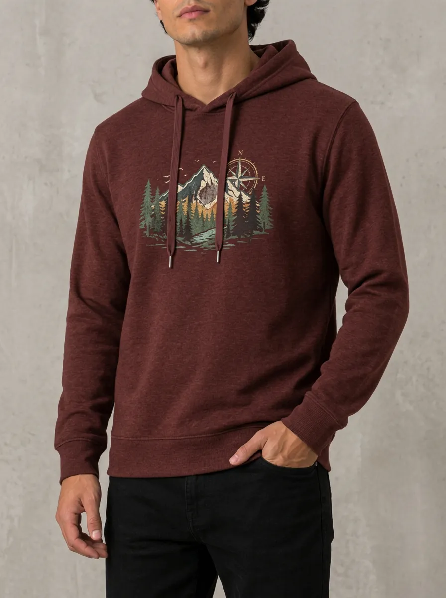 Men's Mountain Compass Graphic Pullover Metal-Aglet Drawcord Hoodie