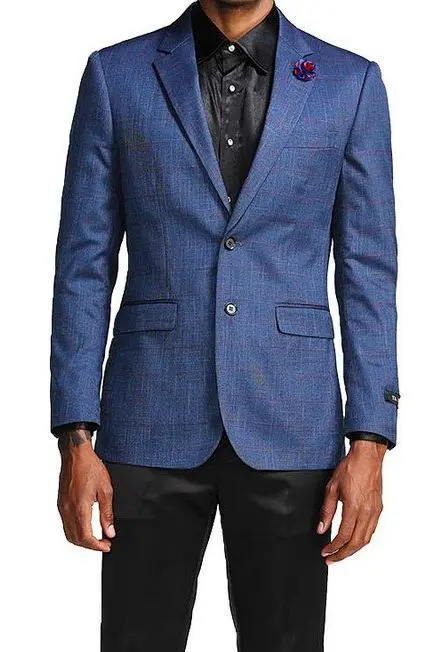 Blue Slim Fit Satin Windowpane Solid Two Button Blazer