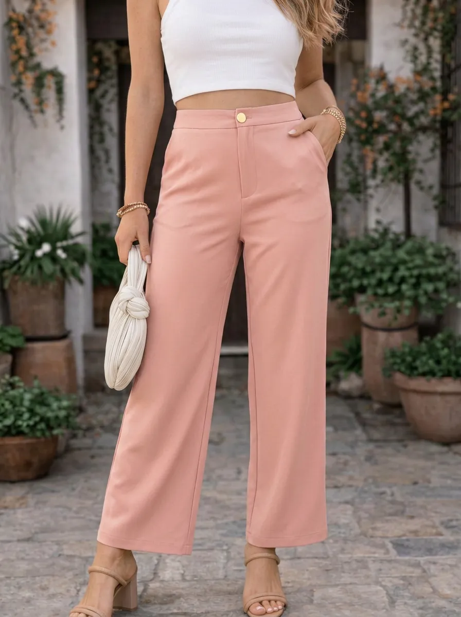 Women's Casual Minimalist Camel Solid Mid-Rise Straight Leg Pants