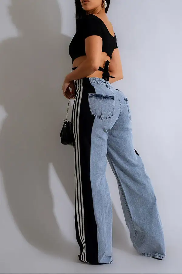 Colorblock Patchwork Washed Wide-Leg Jeans