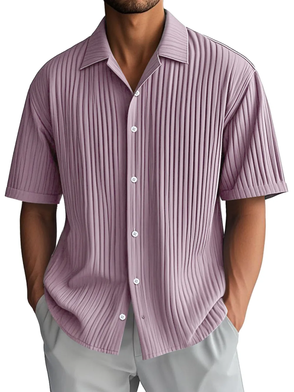 Ribbed Knit Camp Collar Shirt