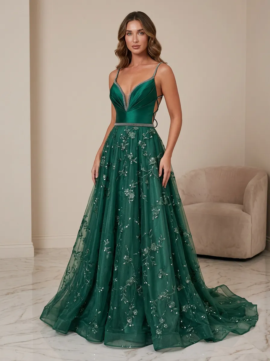 Women's Floral Sequin Embroidered Evening Gown