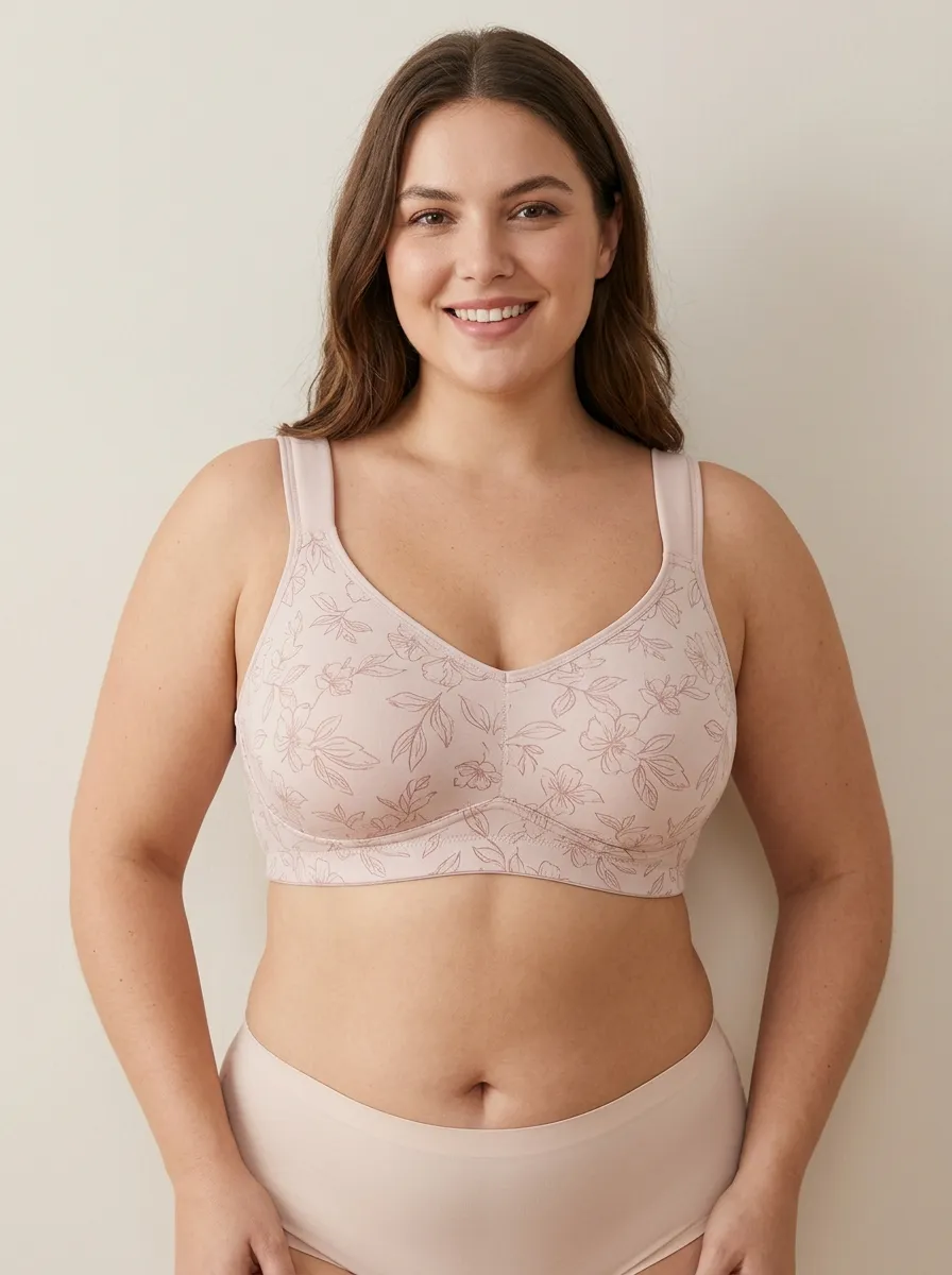 Women's Plus Size Blush Floral Outline Full-Coverage V-Neck Wireless Bra
