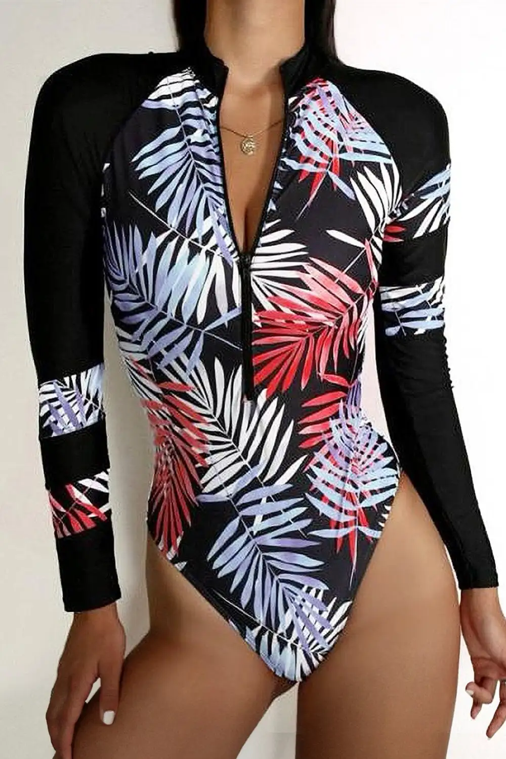 Leaves Print Zip-up Long Sleeve Surf Rash Guard Swimwear