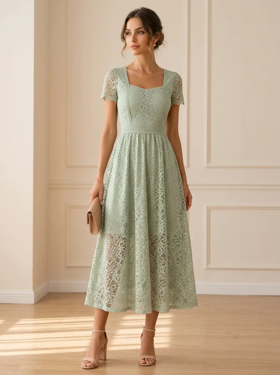Women's Sage Green Floral Lace Square Neck Printed Dress