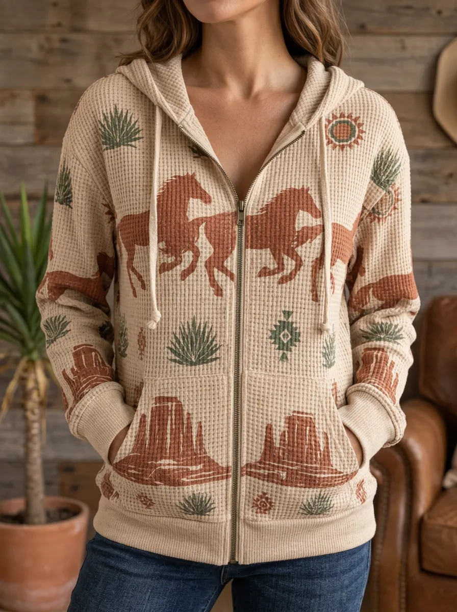 Women's Western Horse Desert Signature Pattern Waffle Zip-Up Hoodie