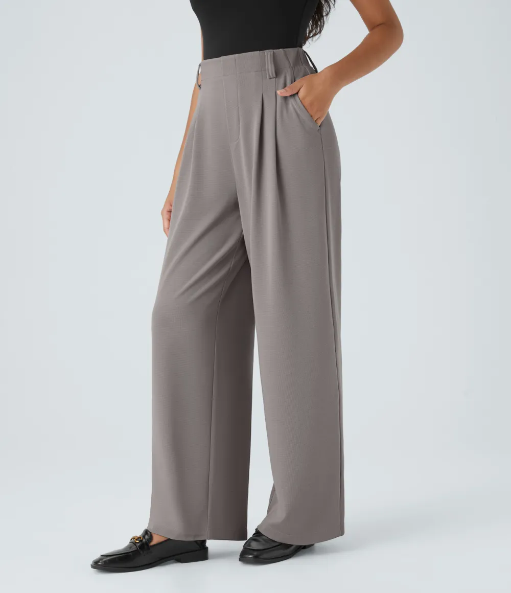  High Waisted Plicated Side Pocket Wide Leg Waffle Work Pants