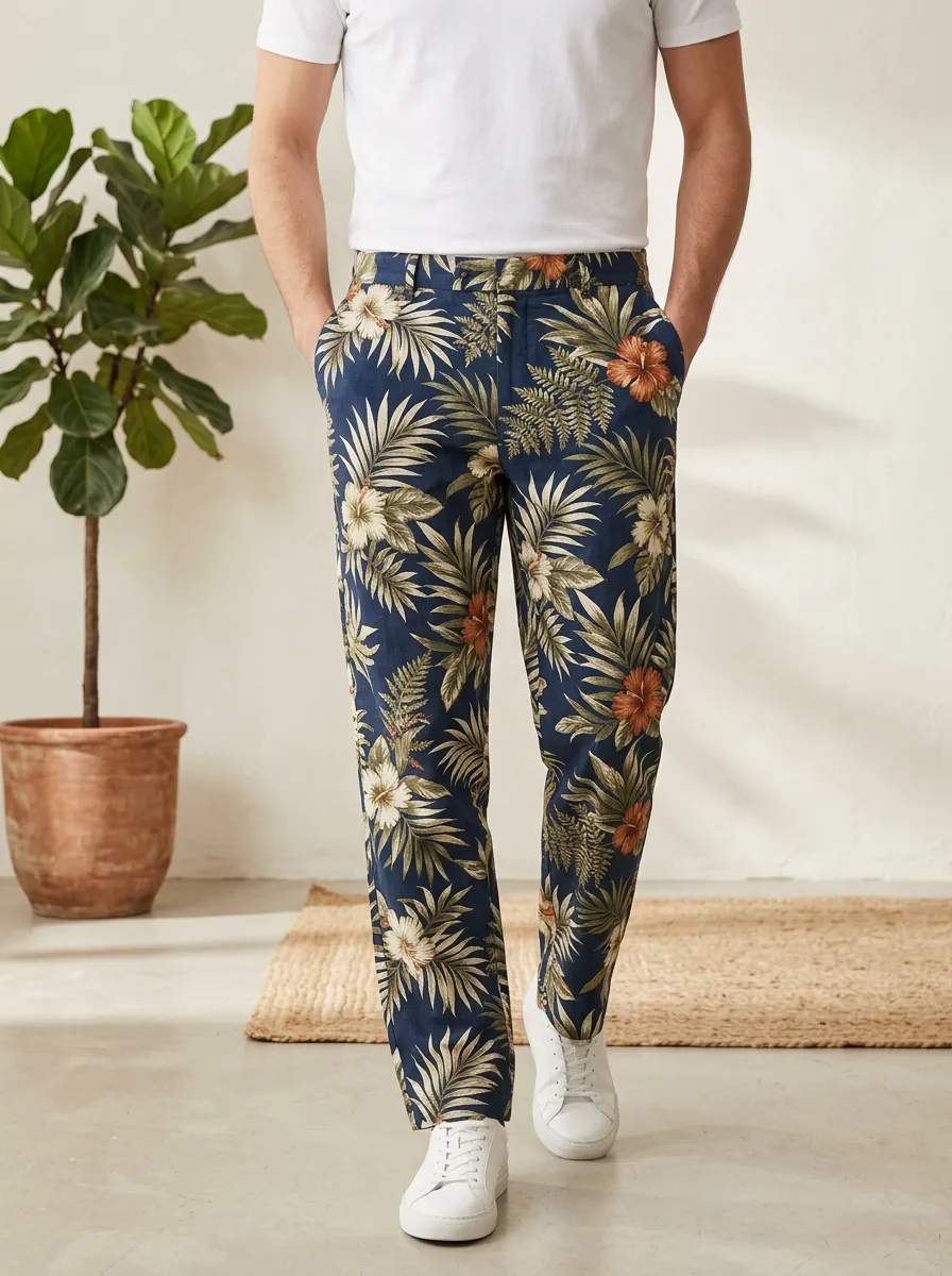 Men's Resort Inspired Hibiscus Leaf Printed Pants