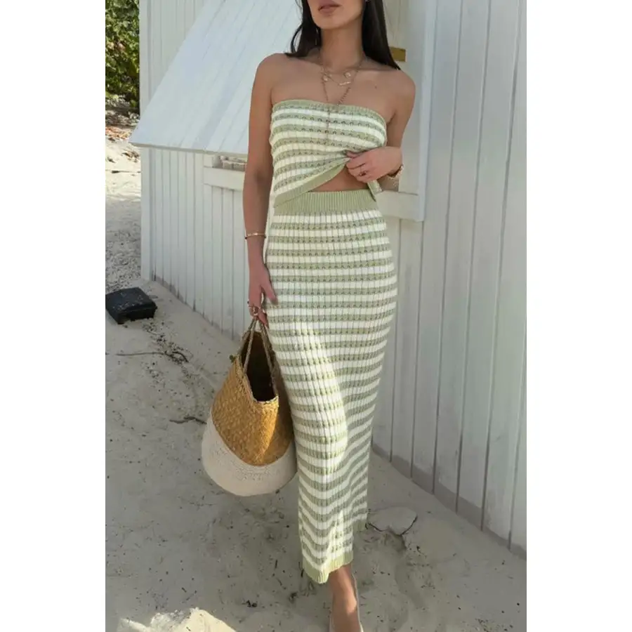 Contrast Striped Tube Top and Skirt Sweater Set