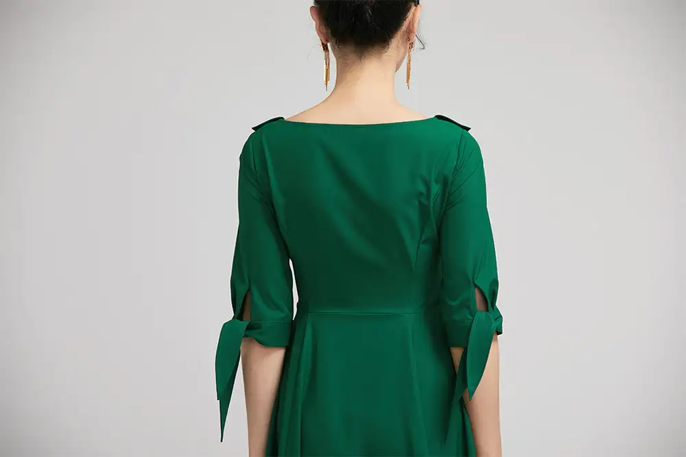Polyester Swing Pleated Lapel Collar Midi Dress