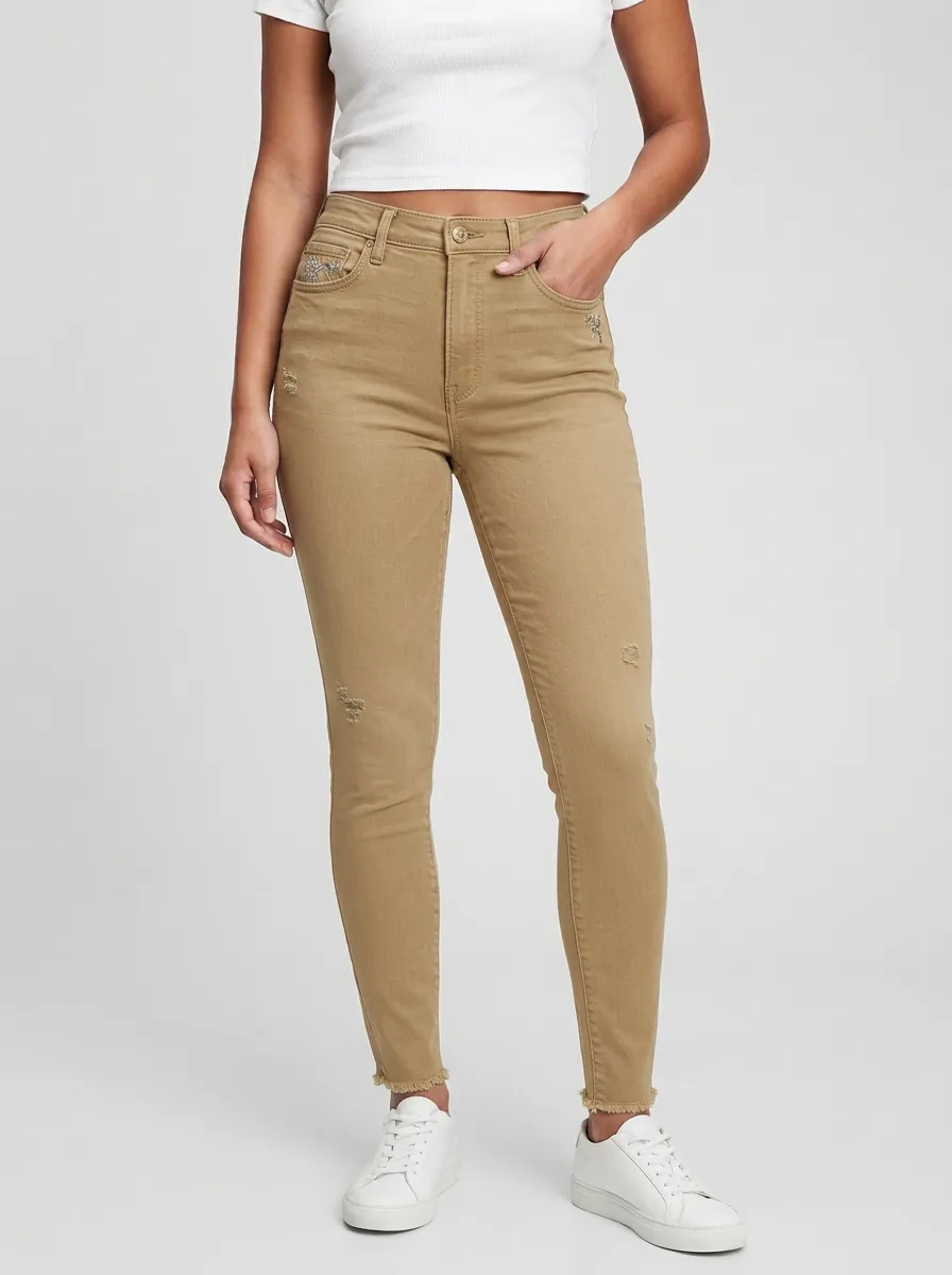 Women's Snowflake Embroidered Distressed Printed Slim Jeans