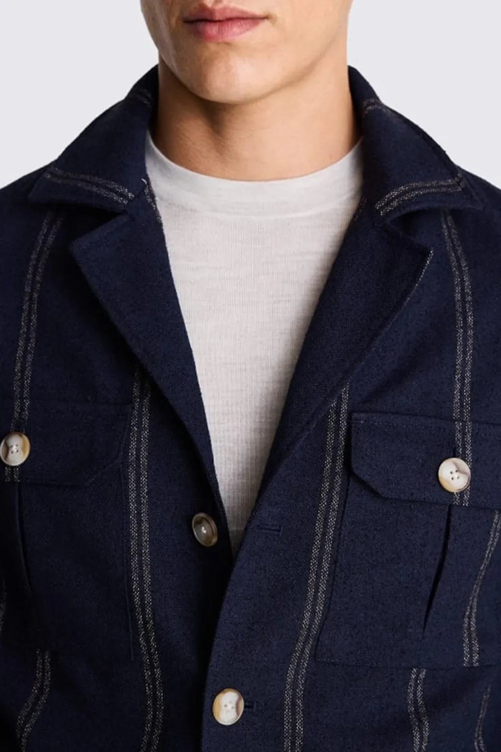 Cotton-Linen Blend Navy Striped Casual Jacket