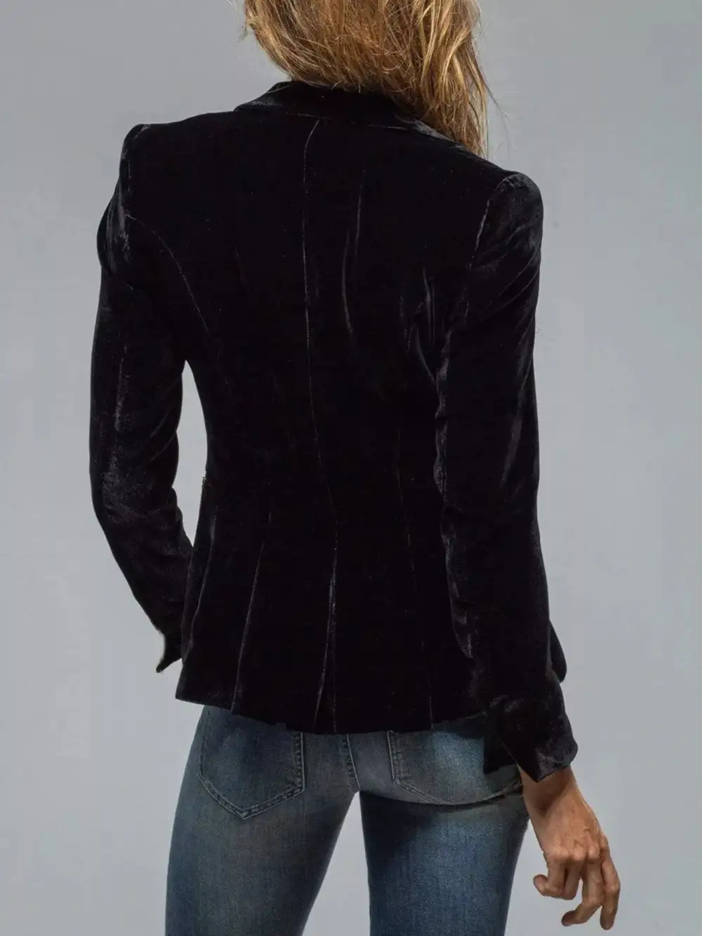 Button-Up Lapel-Collar Velvet Blazer