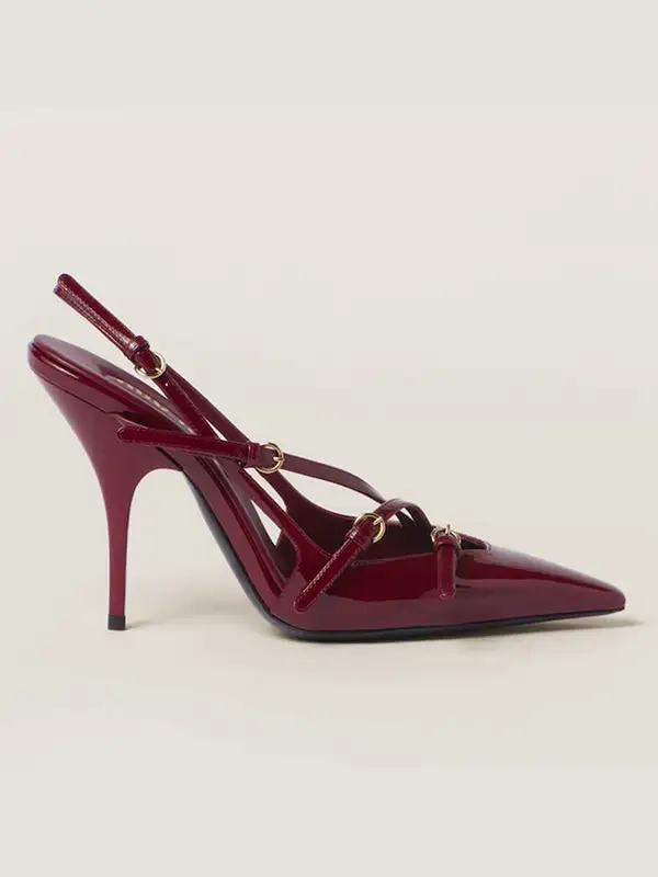 Buckle Cutout Pointed-Toe Panel Detail Slingback Heeled Sandals