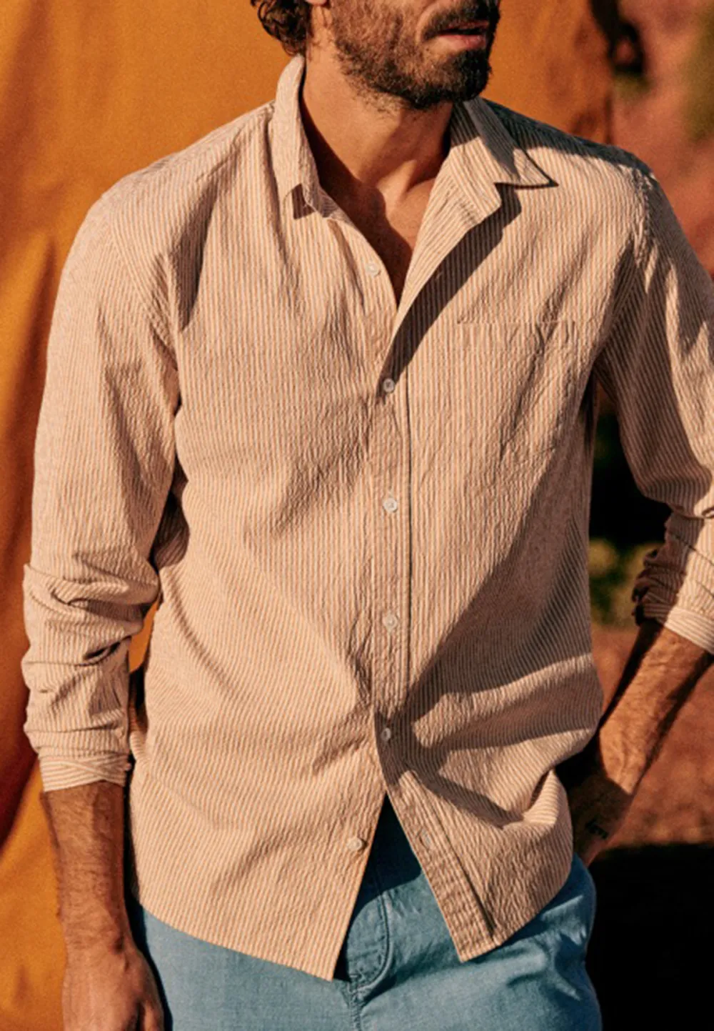 Ecru Ochre Seersucker Stripe Long Sleeve Shirt