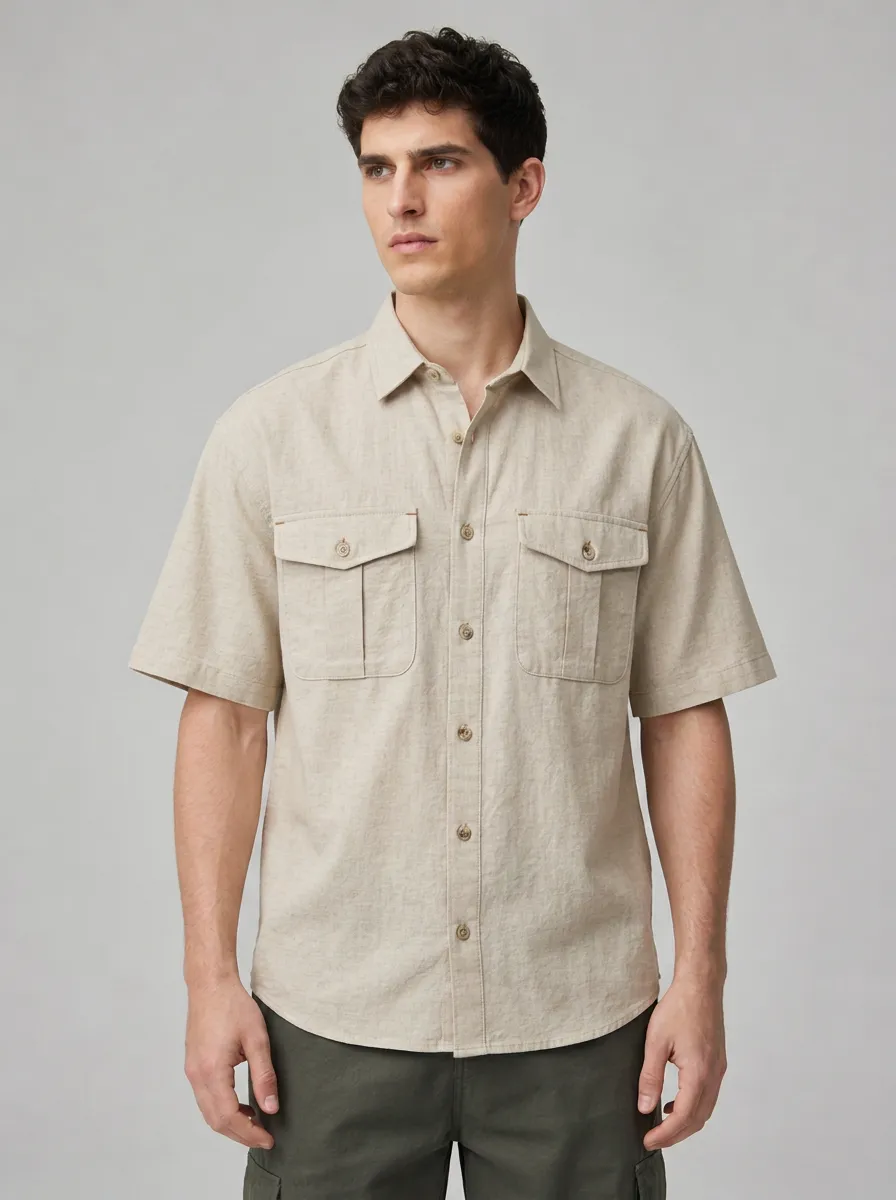 Men's Beige Utility Short-Sleeve Button-Down Shirt