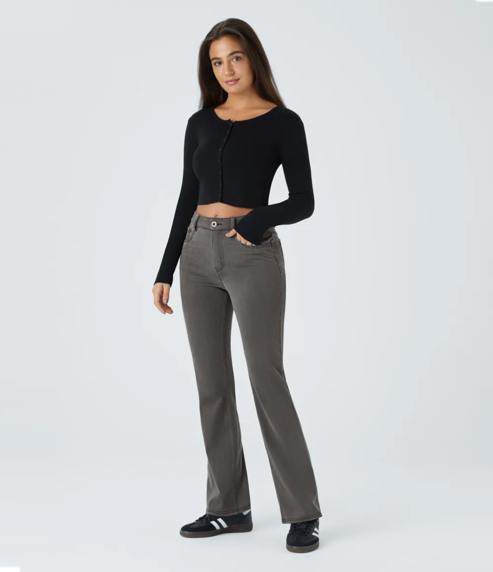 Magic Mid Rise Button Pockets Stretchy Knit Casual Bootcut Jeans
