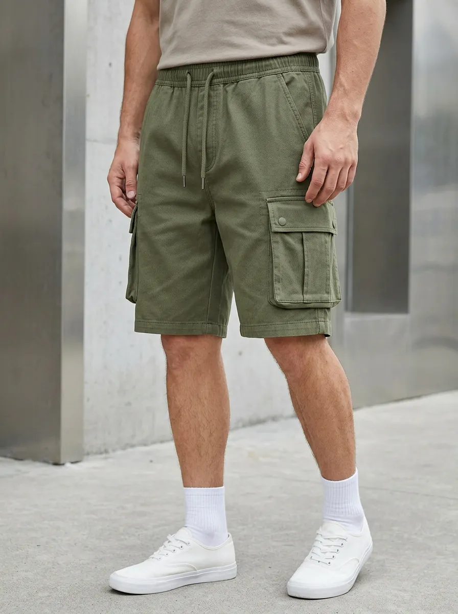 Functional-Look Pocketed Drawstring Utility Cargo Shorts