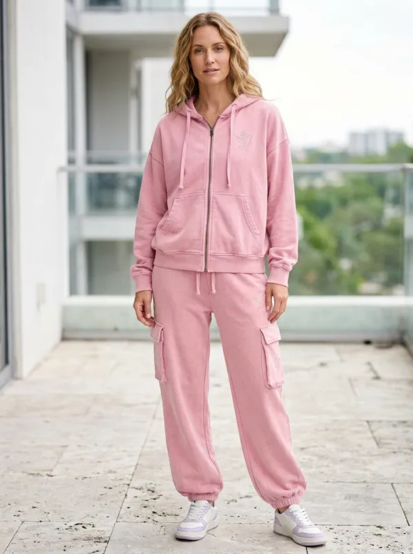 Women's Minimalist Dove Logo Printed Zip-up Hoodie Cargo Jogger Set