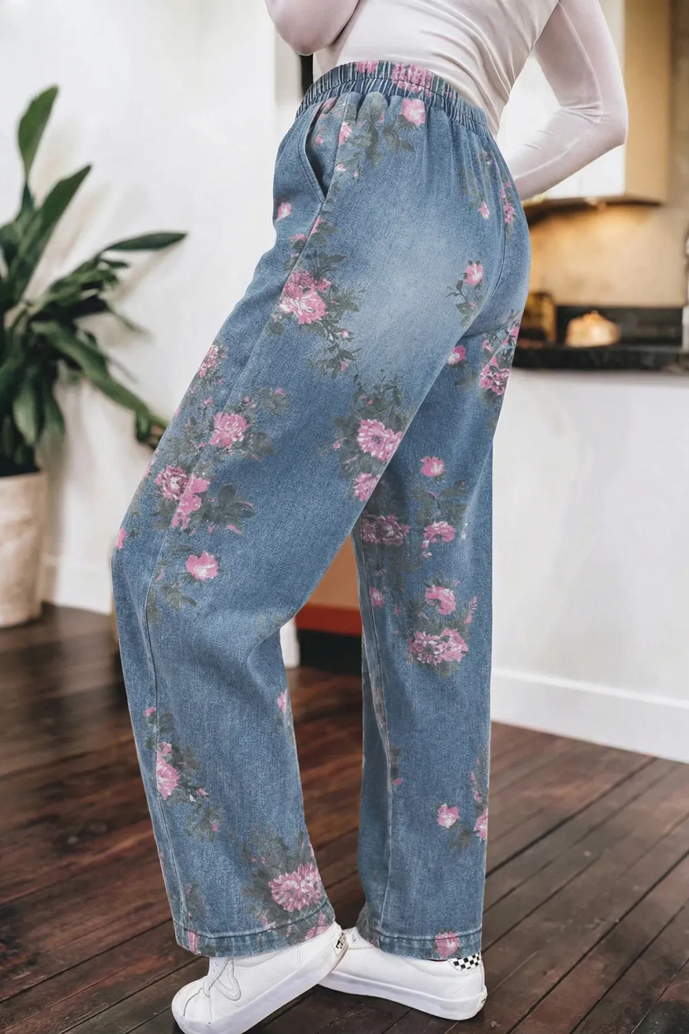 Light Blue Floral Pull On Jeans