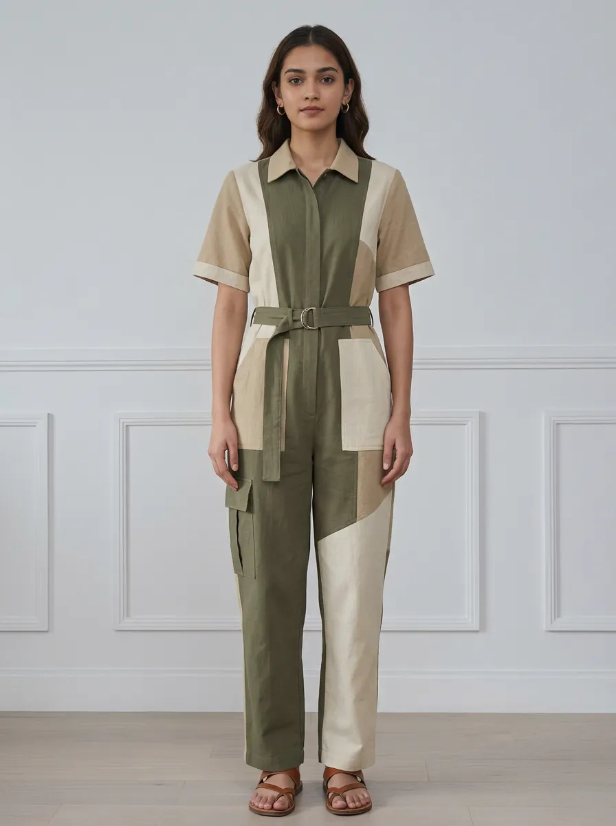 Women's Casual Olive Beige Colorblock Belted Jumpsuit