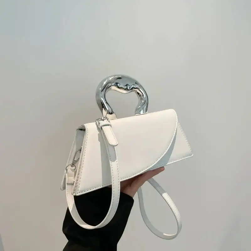 Chic Asymmetric Beige Shoulder Bag With Silver Handle