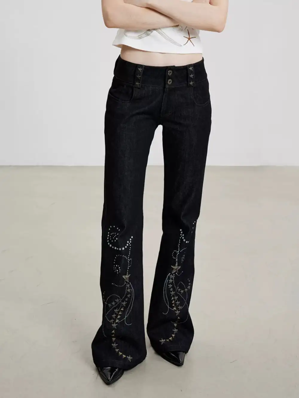 Flared Star-Graphic Washed Denim Pants