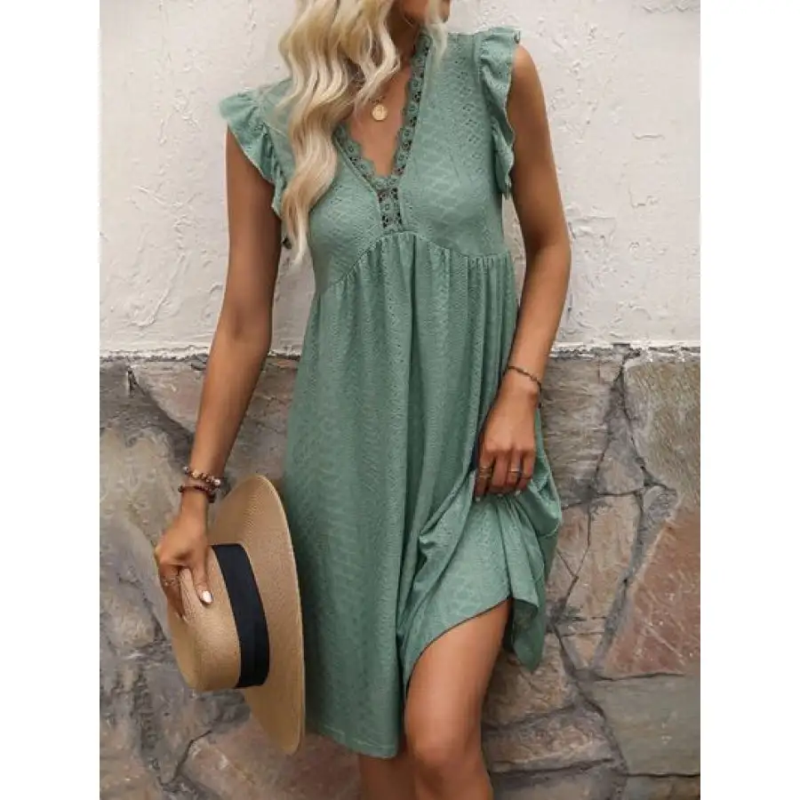 Lace Detail Ruffled V-Neck Mini Dress