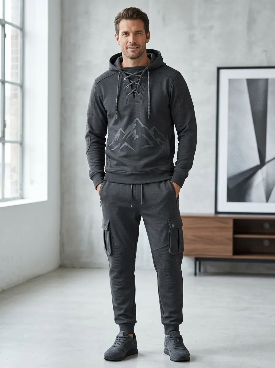 Daily Lace-Up Mountain Graphic Relaxed Look Men's Lace Up Hoodie And Cargo Jogger Set