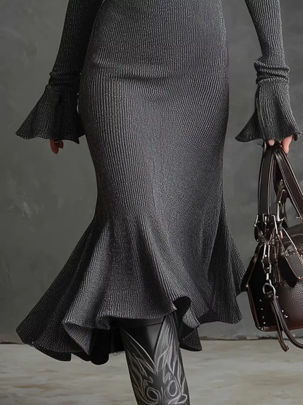 Ribbed Knit Zip Front Midi Dress