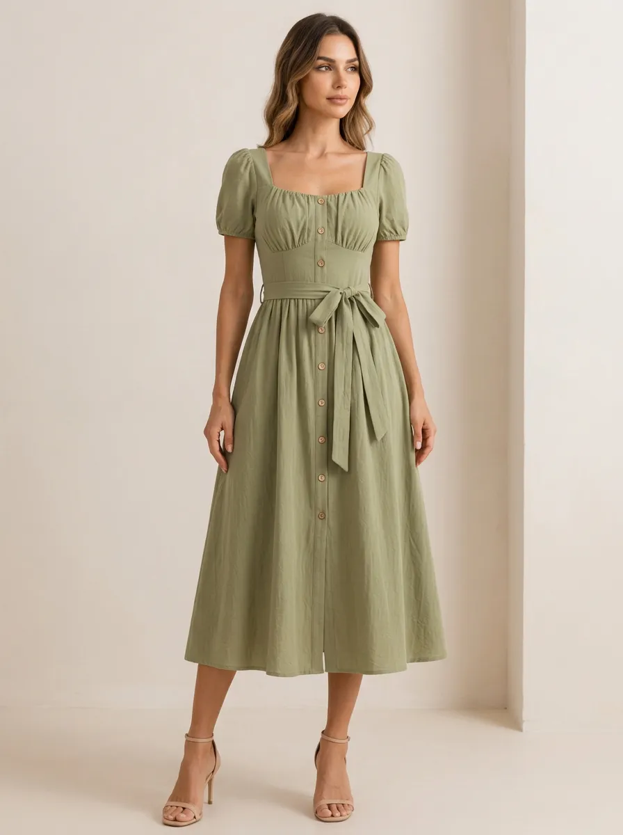 Women's Casual Sage Green Square Neck Button Down Belted Midi Dress