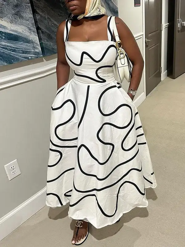 Pockets Printed Neck Maxi Dress