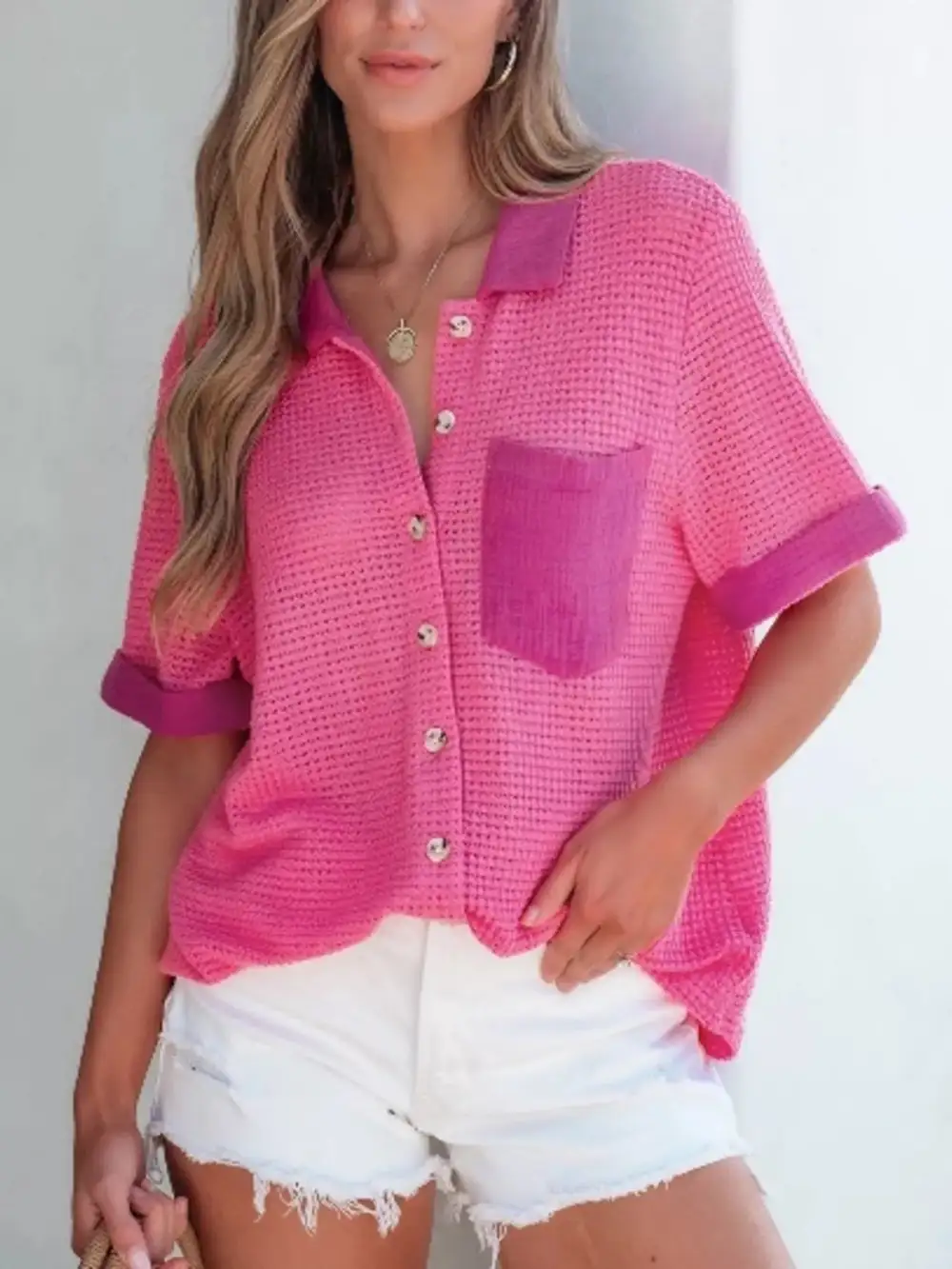 Gauze Waffle-Knit Button-Down Short Sleeve Shirt