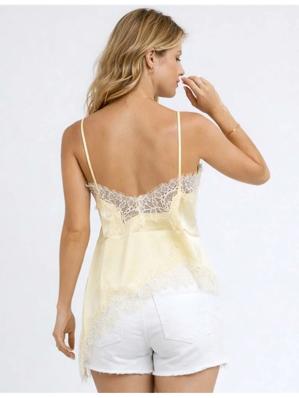 Satin Lace Trim V Neck Irregular Hem Cami Top