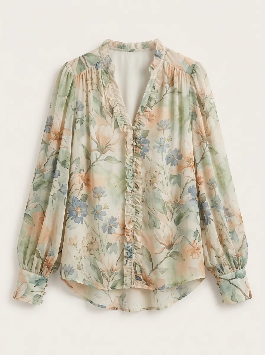 Women's Floral Pattern Ruffle Trim Printed Blouse