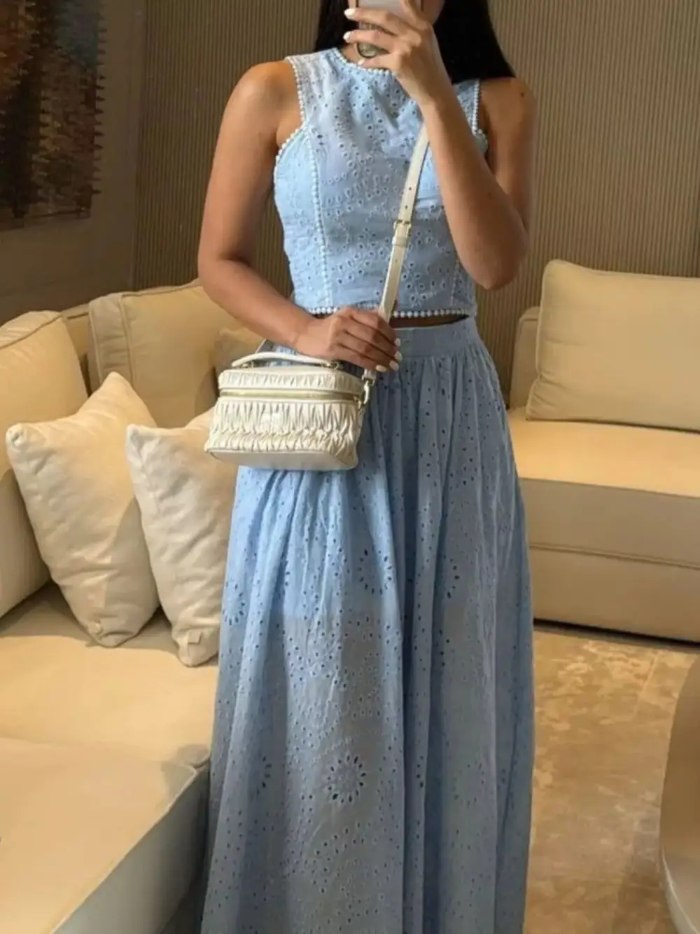 Cropped Eyelet Coordinated Set