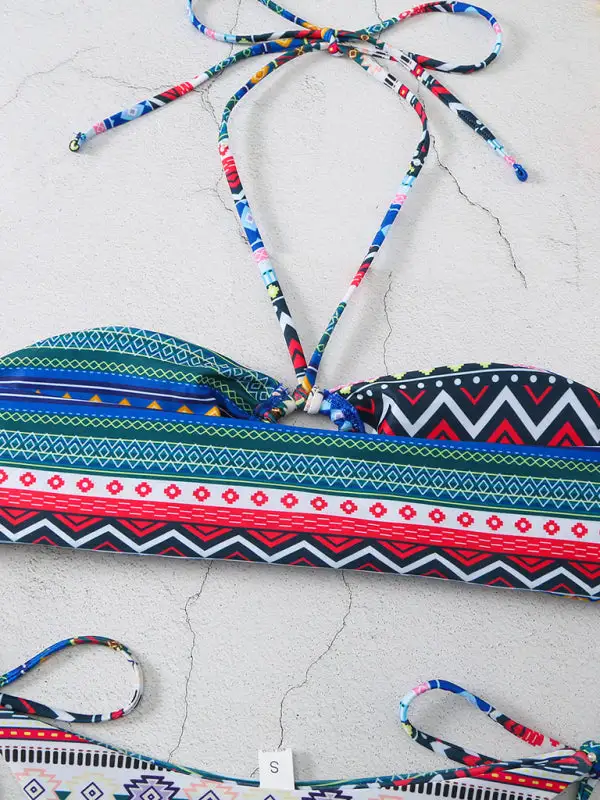 Halterneck Lace Up Adjustable Briefs Printed Swim Set