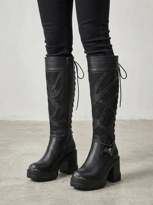 Gothic Revival Skull Bat Lace Look Women's Gothic Platform Knee High Boots