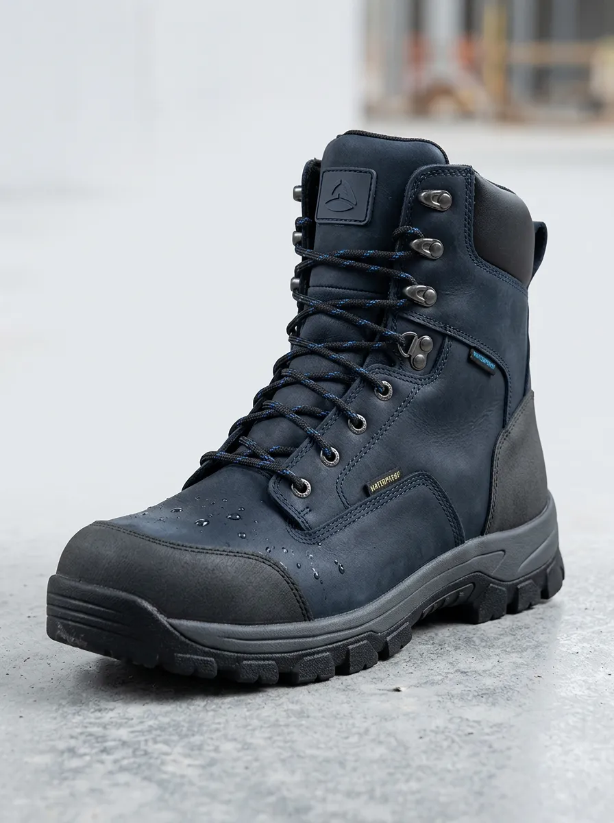 Men's Navy Blue Waterproof Leather Safety Work Boots