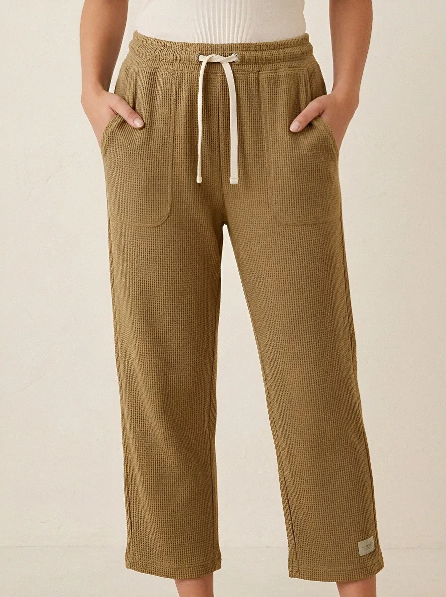 Women's Olive Green Waffle Knit Drawstring Lounge Pants