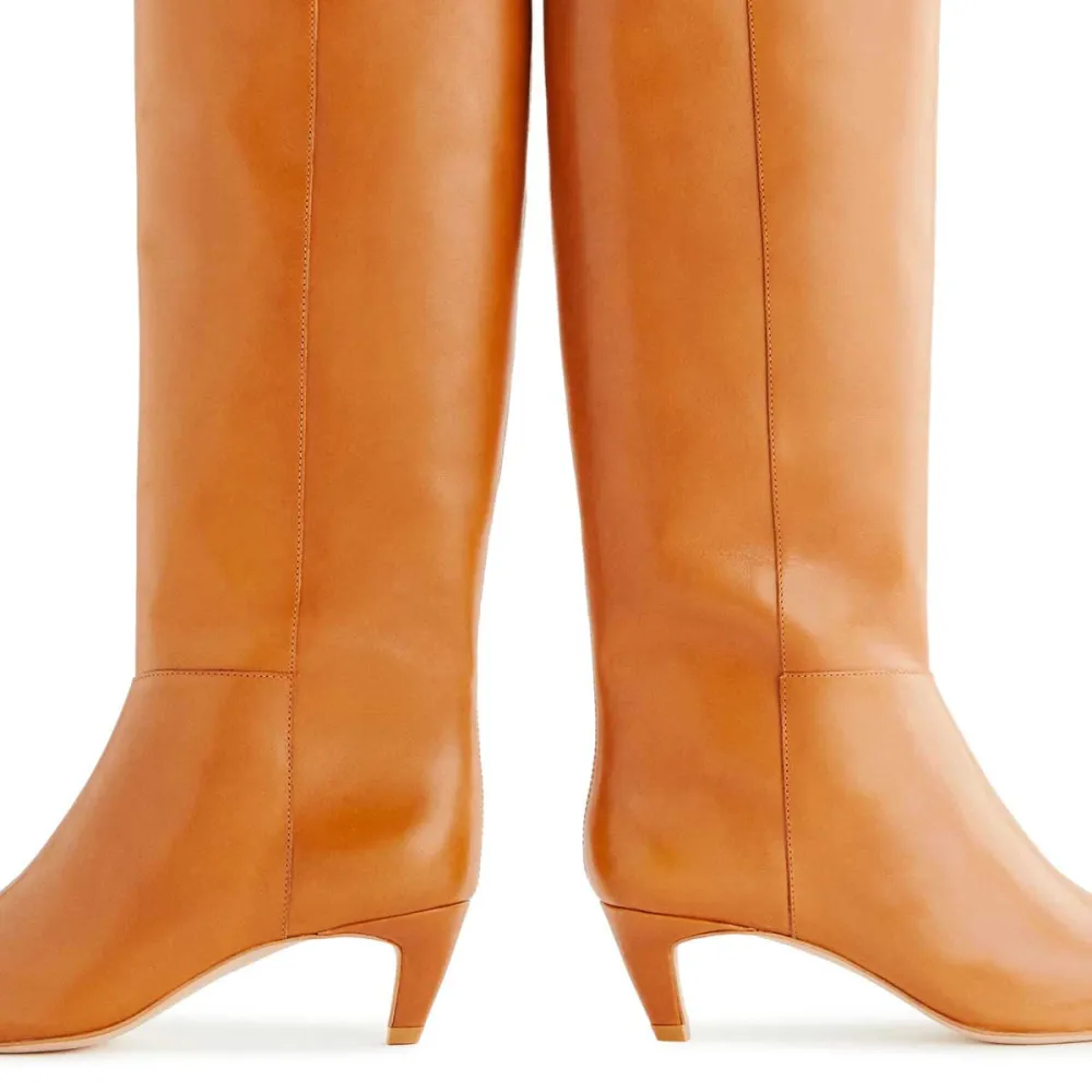 Faux-Leather Pull-On Square-Toe Kitten-Heel Knee-High Boots