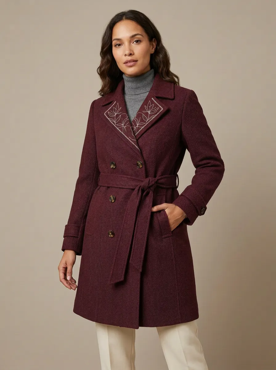 Women's Floral Embroidered Navy Herringbone Pattern Coat