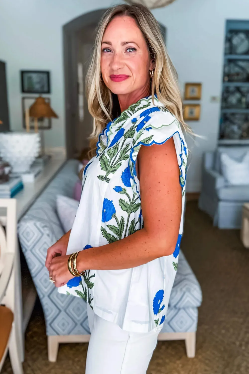 Blue Wild Flower Print Contrast Blouse